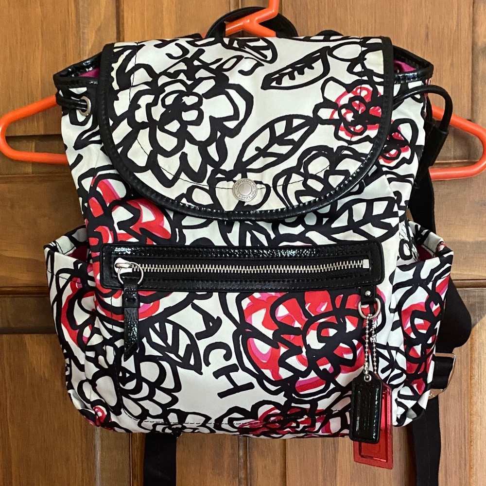 Coach Black and Red Floral Backpack